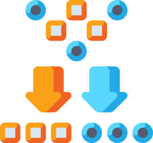 Een afbeelding van auto-classificatie versimpeld weergegeven. De vormen zijn documenten die door middel van automatisch classificeren in de juiste categorie terecht komen